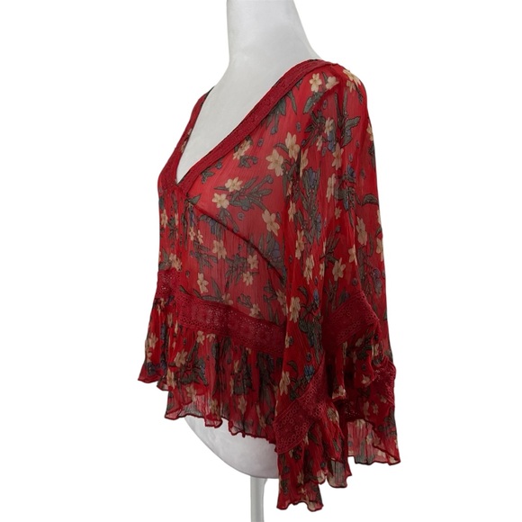 Free People Bright Lights Red Floral Chiffon Boho Peplum Top | S - Picture 7 of 10